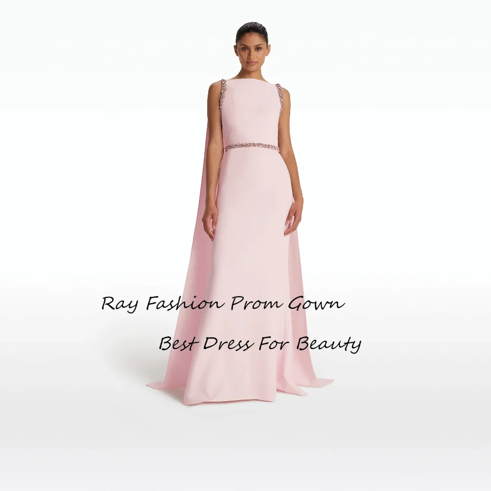 Ray Fashion A Line Prom Dress Boat Neck Sleeveless Floor Length With Crystal For Women Formal Occasions فساتين سهرة Saudi Arabia