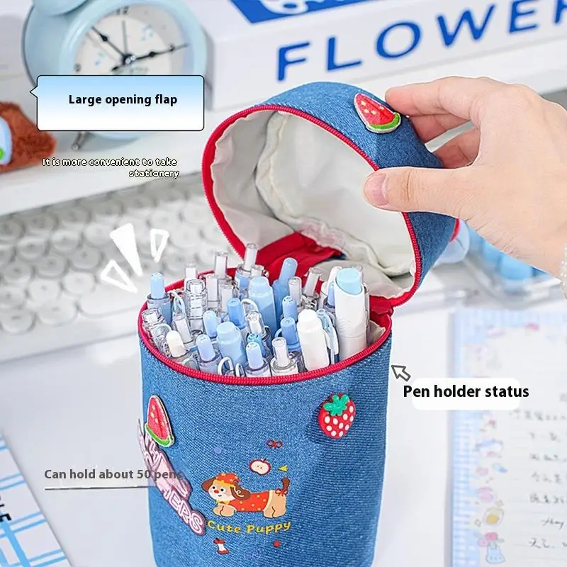 Kawaii Sausage Dog Round Barrel Pen Bag Multi-function Stationery Case Cute Handheld Storage Bag For Student School Supplies
