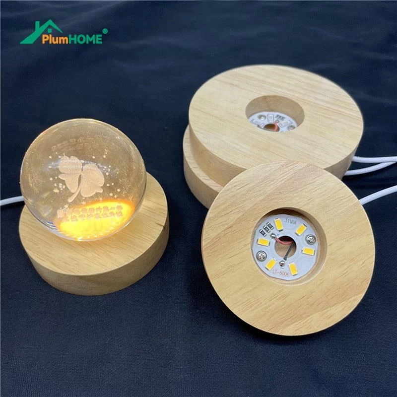 Wooden LED Light Dispaly Base USB Rechargeable Crystal Glass Resin Art Ornament Wood Night Lamp Base Holder Display Stand Base