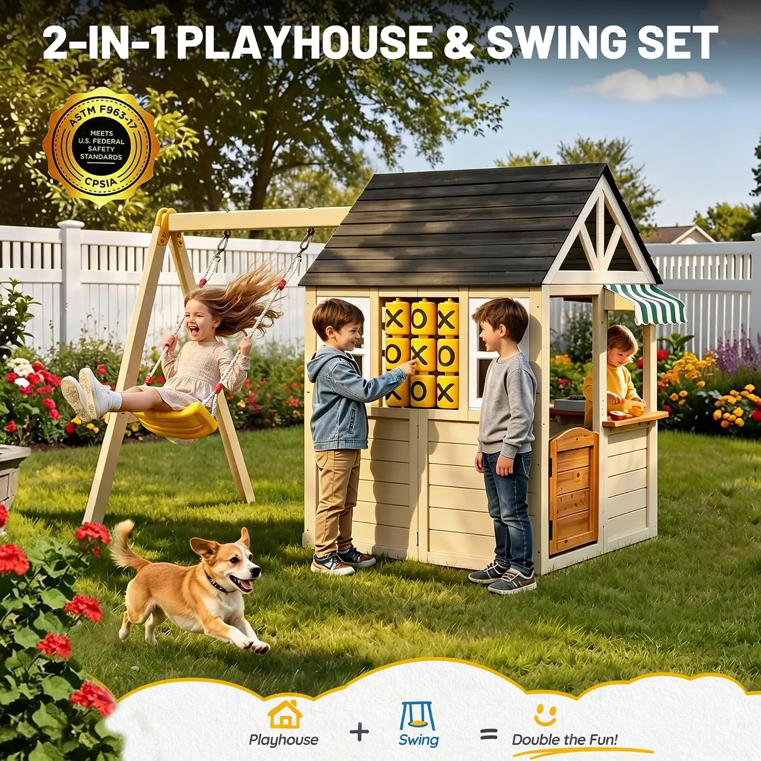 Cedar Playhouse Swing Set, Wood Outdoor Playset with Pet Door & Game Board, Garden Playground for Toddlers Age 3-8, Customized