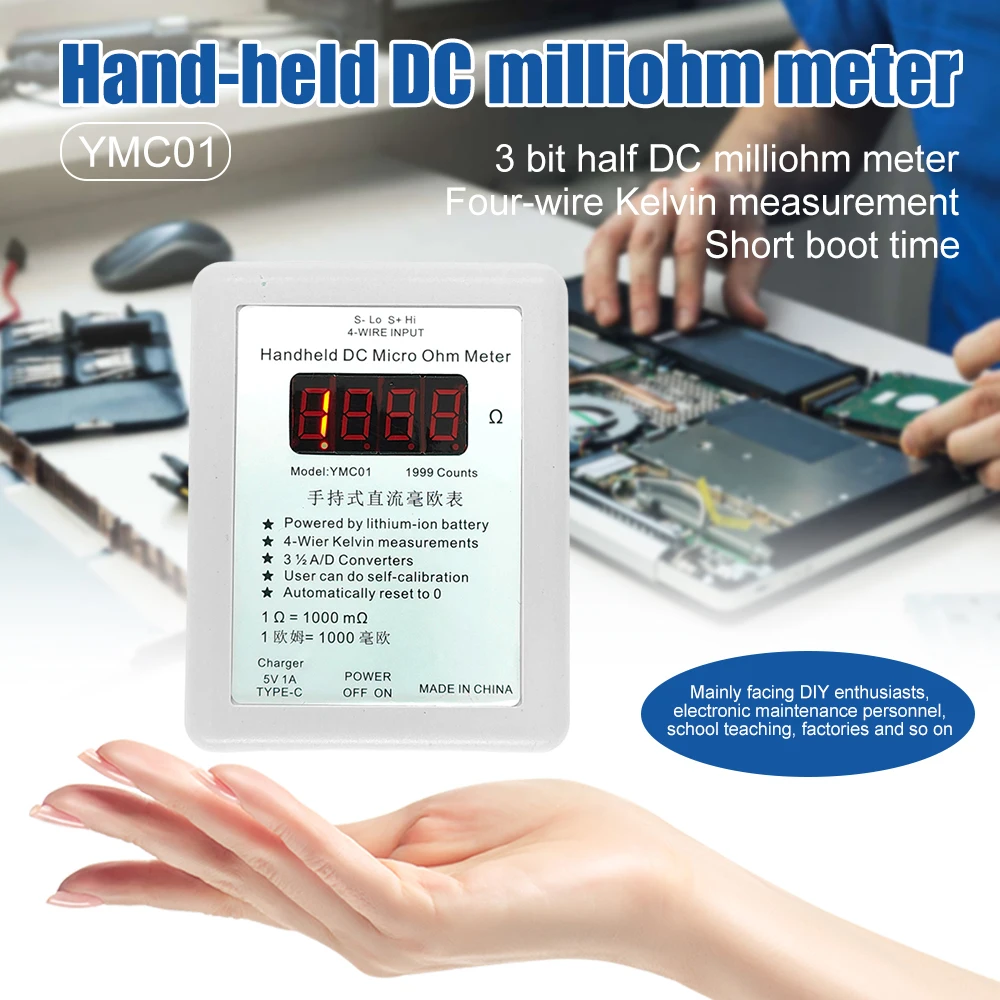 YMC01 Handheld DC Milliohmmeter Lage weerstandstester 0,01-19,99Ω 1-1999MΩ Vierdraads Kelvin-meetmeter Milliohmmeter