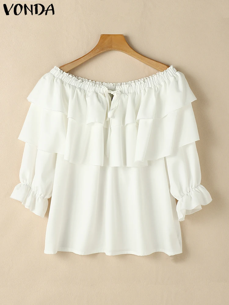 VONDA-camisas informales con volantes multicapa para mujer, Túnica de Color sólido a la moda, blusa con hombros descubiertos, Tops bohemios de gran tamaño 2024