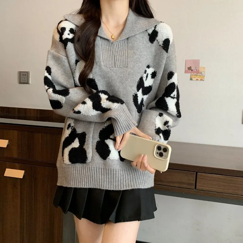 Women Funny Cute Cartoon Panda Jacquard Chic Knitted Sweater Autumn Winter Casual Streetwear Y2K Long Sleeve Loose Pullover Tops