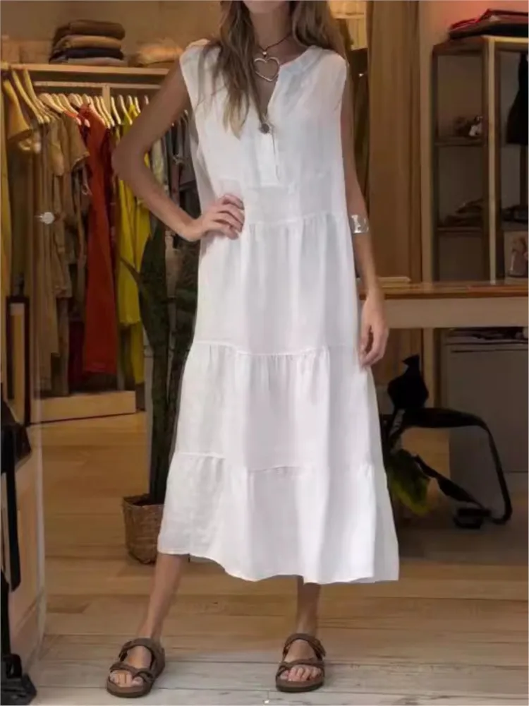 

Summer Casual Cotton Linen Solid Ruffles Long Dresses Women Fashion V-neck Sleeveless White Casual Loose Dress Sundress Robe