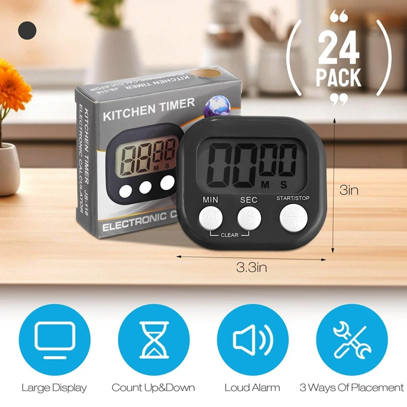 24 Pcs Digital Kitchen Timer Bulk Small Magnetic Timer on/Off Switch Minute for Classroom Cooking Baking(Black)-A68X