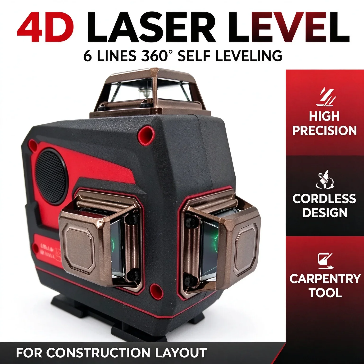 4D Level 6 Lines 360 Degree Self Leveling High Precision Measuring Tool Cordless for Carpentry Compatible 18V 20V Battery