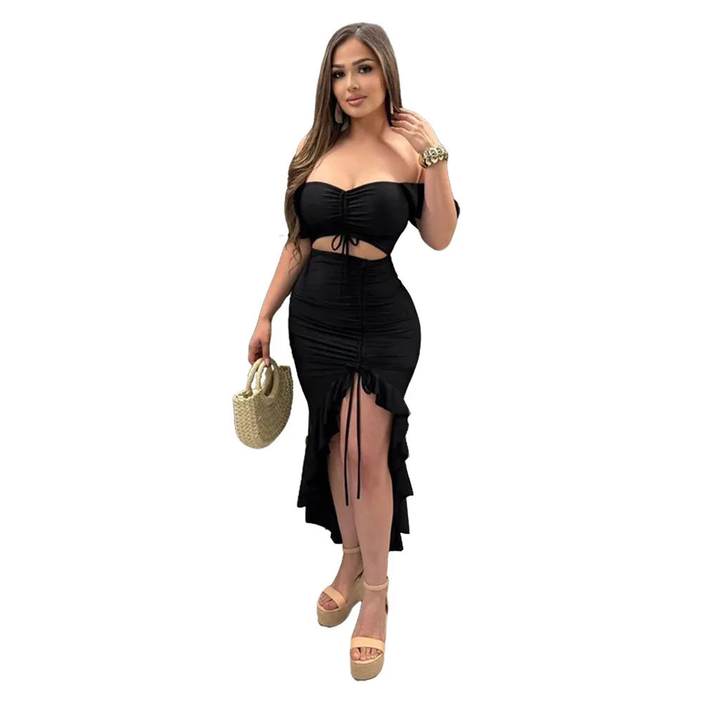 EINY Chic Sexy fiesta volantes mujeres sin tirantes cordón Midi Irregular vestido largo verano recortado mariposa manga vestidos de noche para discoteca