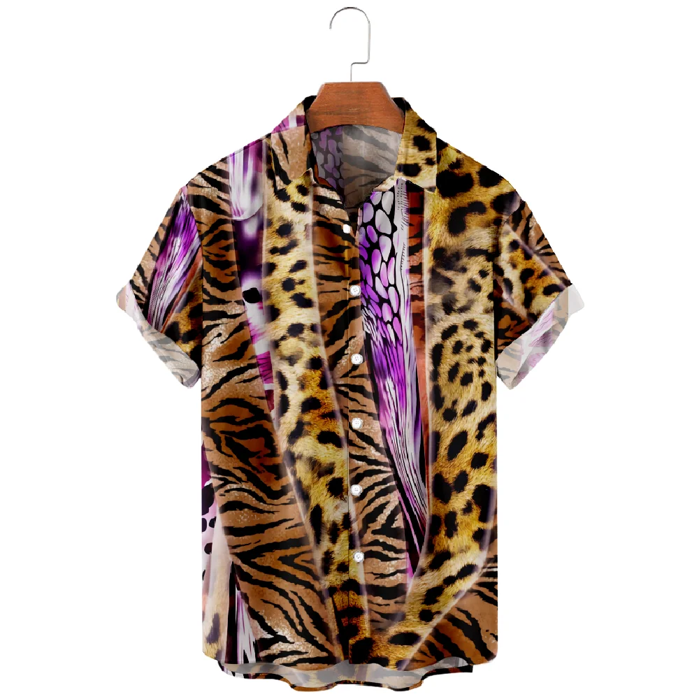 

Hawaiian Shirt For Men Summer Fashion Beach Leopard Print Panels Y2kStreetwear T-Shirt For Men Short Sleeve Oversized Shirt
