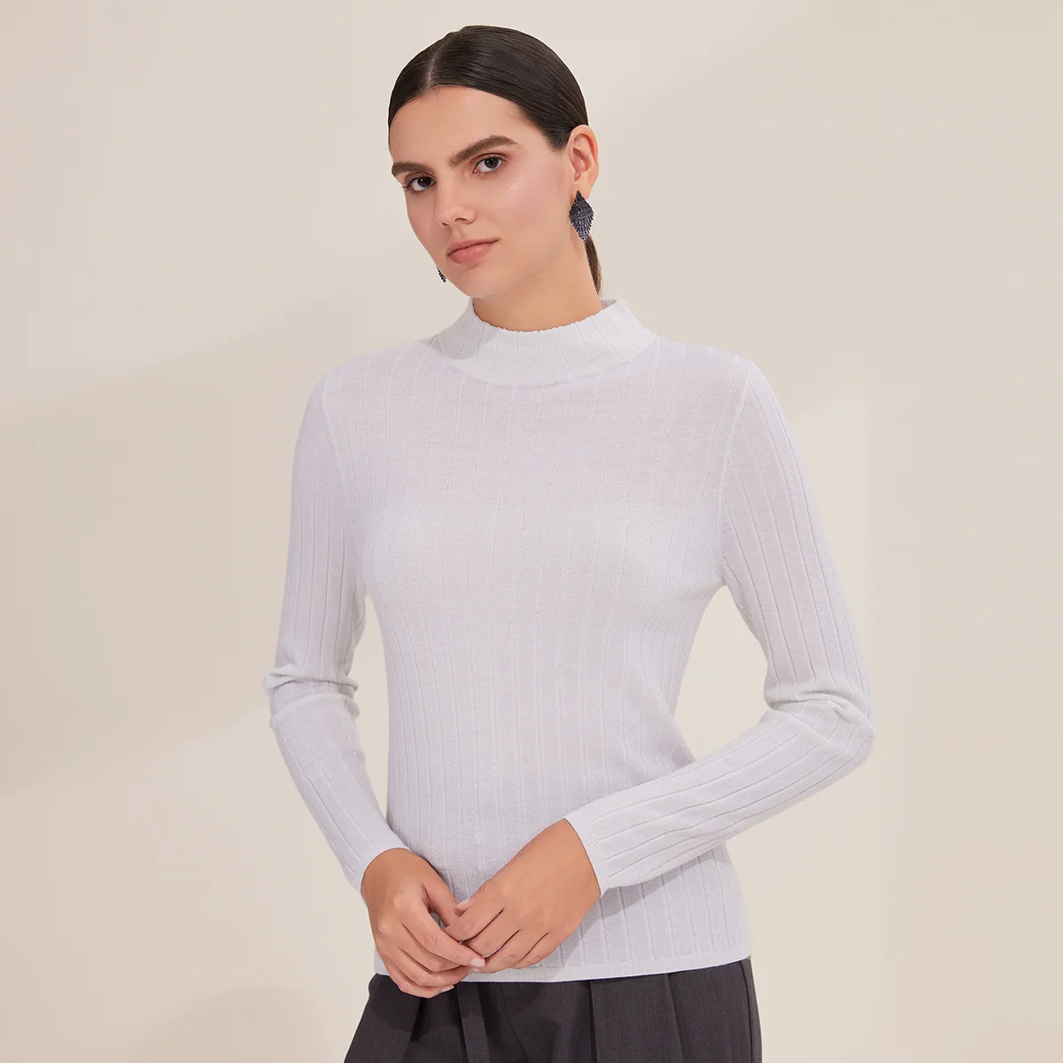 

BY4521322 Women's Mock Neck 100% Wool Ribbed Sweater Long Sleeve Knit Pullover Warm Casual Winter Top