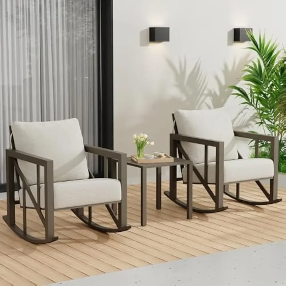 Outdoor Rocking Chair Set, 3 Pieces Rocking Bistro Set, Patio Porch Furniture Set with Coffee Table