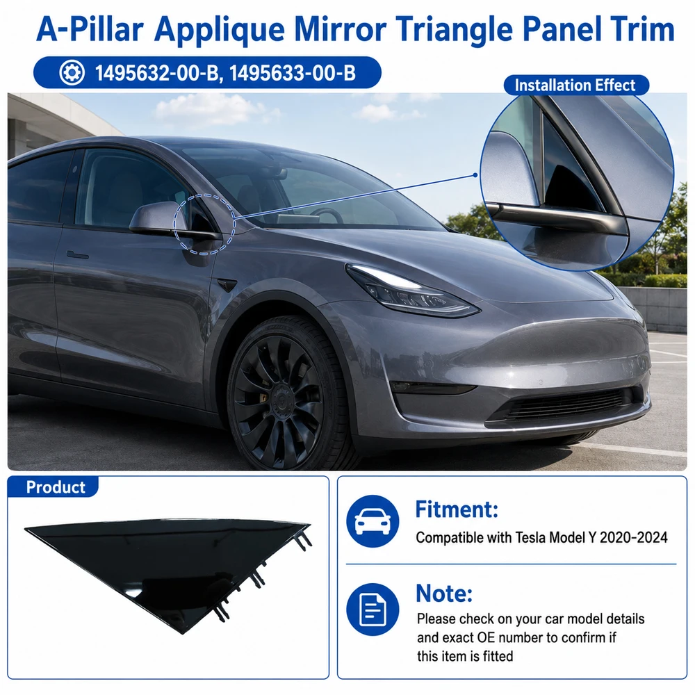 Car Rearview Mirror Triangle Triangular Plate Trim Front Left /Right for Tesla Model Y 2020-2024 1495632-00-B, 1495633-00-B