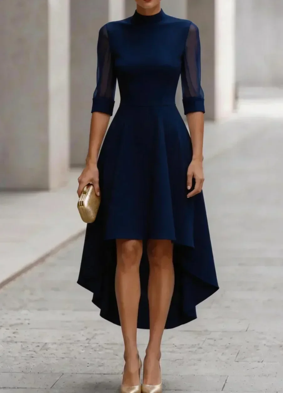 Damenkleid mit hohem Kragen, Midi-Länge, transparentem Netzstoff, 3/4-Ärmeln, asymmetrischem Saum, A-Linie, elegantes Partykleid für formelle Anlässe. – Detail 5