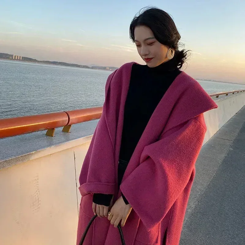 Solid Color Outwear Oversize Streetwear Fall Winter New Women Loose Hooded Warm Woolen Long Below The Knee Coats Female Elegant