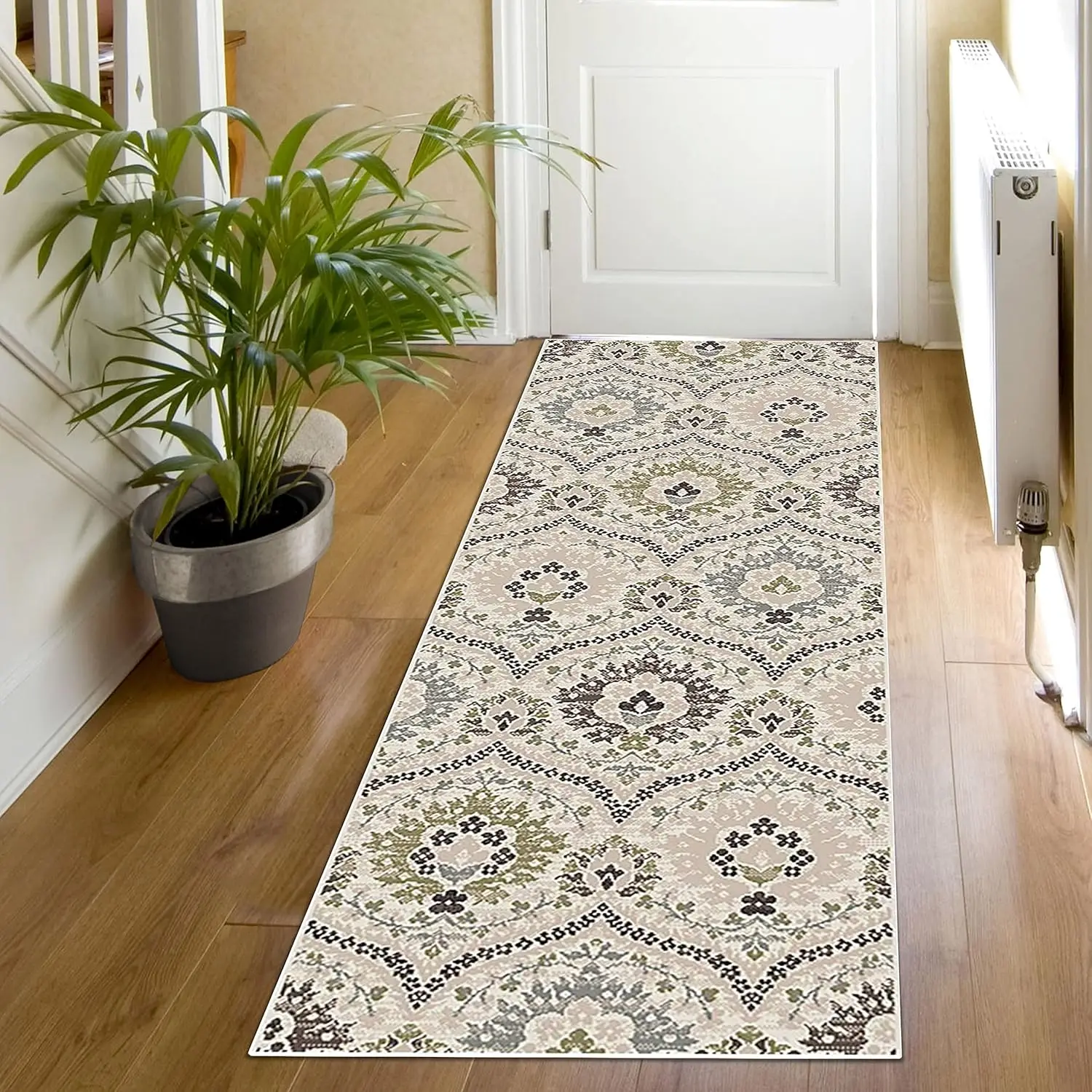 

Indoor Area Runner, Jute Backed, Modern Oriental Floral Damask Floor Decor For Office, Living Room, Bedroom, Entryway,