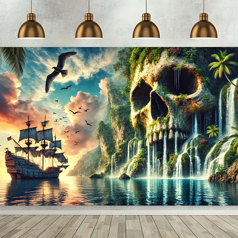 Pirate Ship Skull Island Wall Art Fantasy Adventure Background Tropical Ocean Decor Movie Theme Room Decoration 2D Flat Print