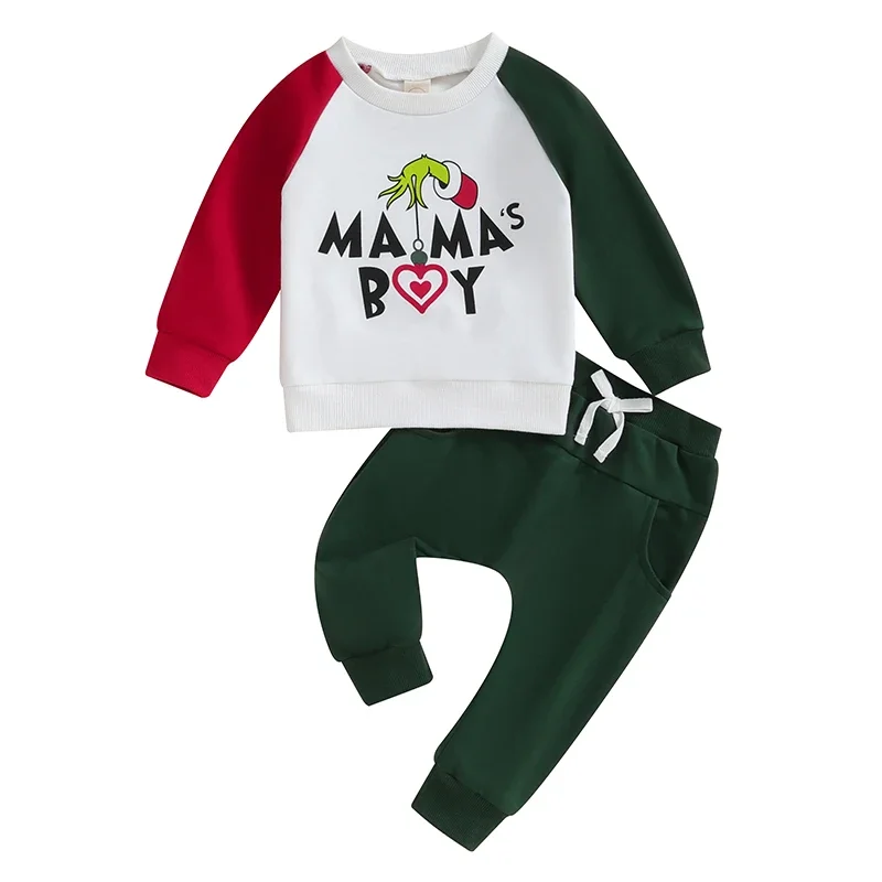 Toddler Boy Christmas Clothes Letter Monster Hand Print Long Sleeve Pullover Elastic Waist Pants 2Pcs Warm Outfit