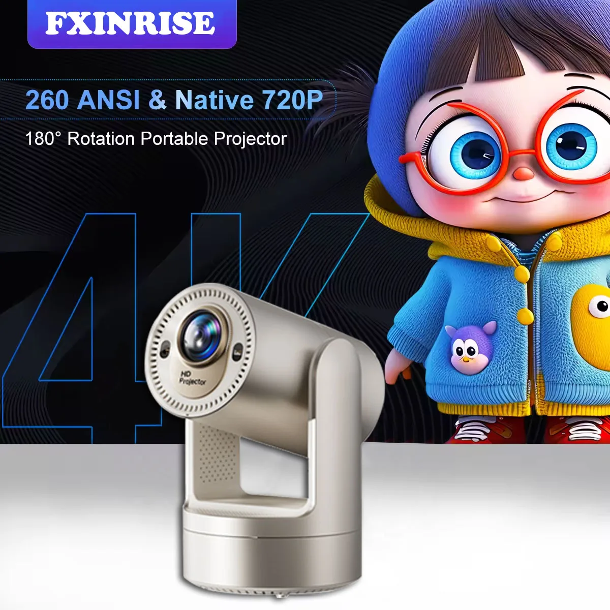 FXINRISE Projector Android 11 4K 1280*720P HY7 Dual Wifi 260ANSI 180°flexible BT5.0 Cinema Outdoor Portable Projetor HY7 Pro