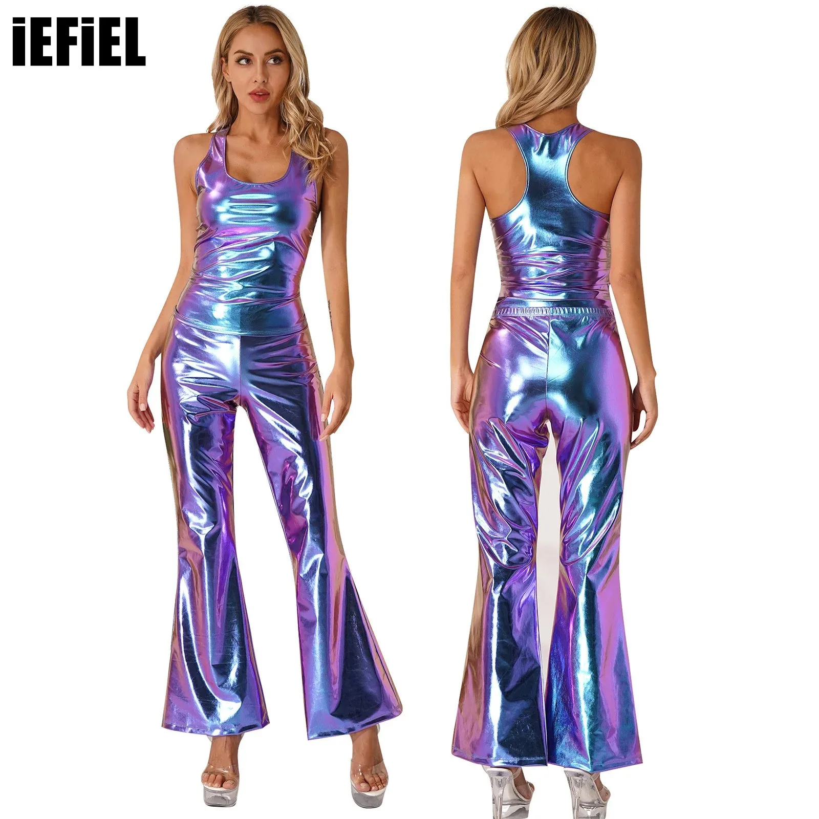 Shiny Womens Metallic Disco Sets Deep U-neckline Sleeveless Racer Back Tank Top with Elastic Waistband Flare Pants for Clubwear