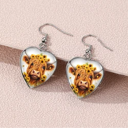 2024 New Highland Cow Dangle Earring Heart Shaped Earrings Handmade Glass Dome Jewelry