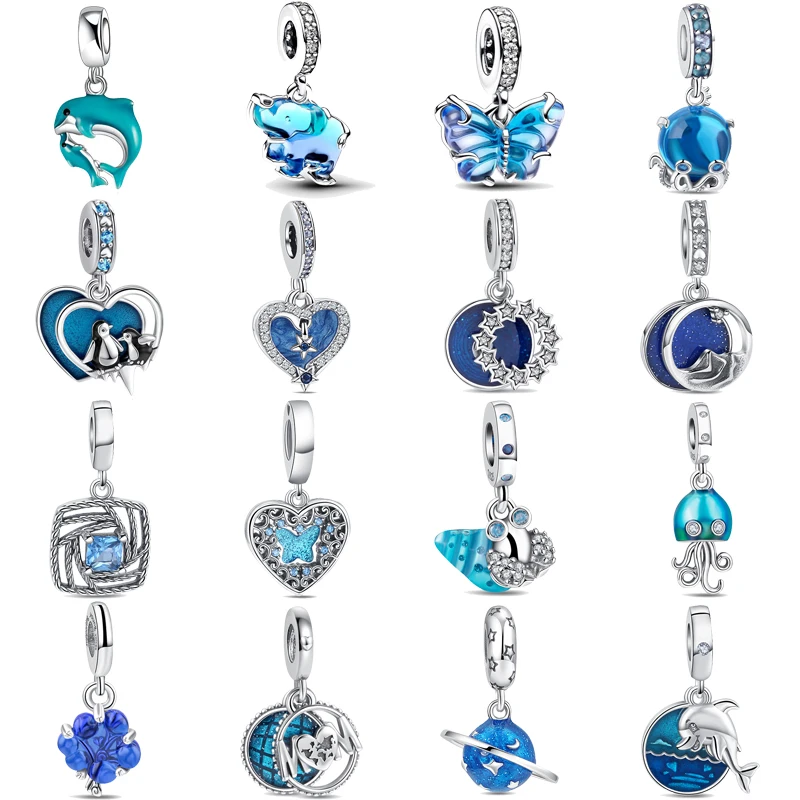 NEW 925 Sterling Silver Blue Gemstone Ocean And Flower DIY Beads Suitable For Original Pantaro Bracelets Women's Luxury Jewelry