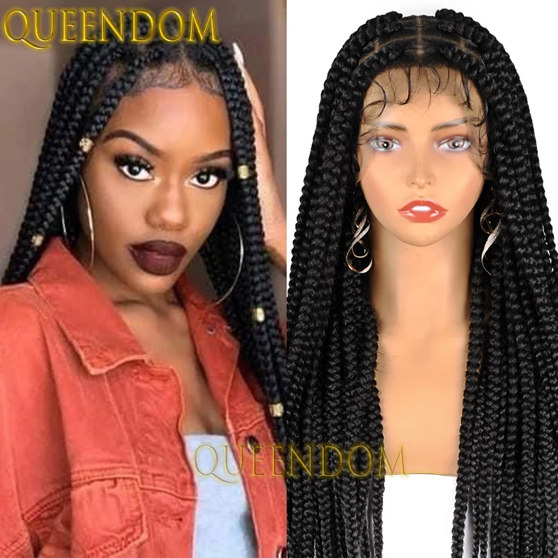 36 Inch Long Lace Synthetic Braid Wig Full Lace Jumbo Box Braids Goddess Wig Knotless Handmade Crochet Cornrow Plait Braided Wig