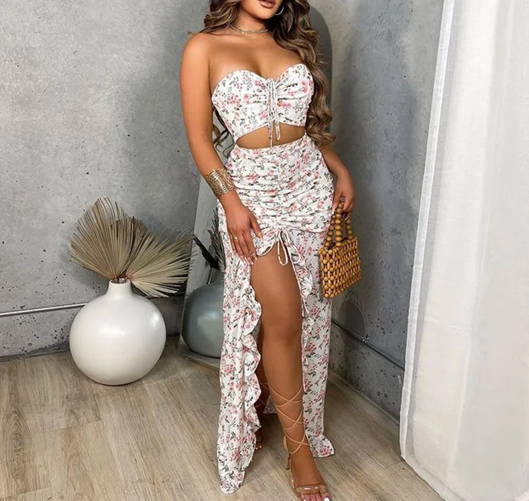 

Sexy Floral Print Women's Two-Piece Set with Lace Hemline Casual Faionable Polyester Skirt And Top Summer Collection