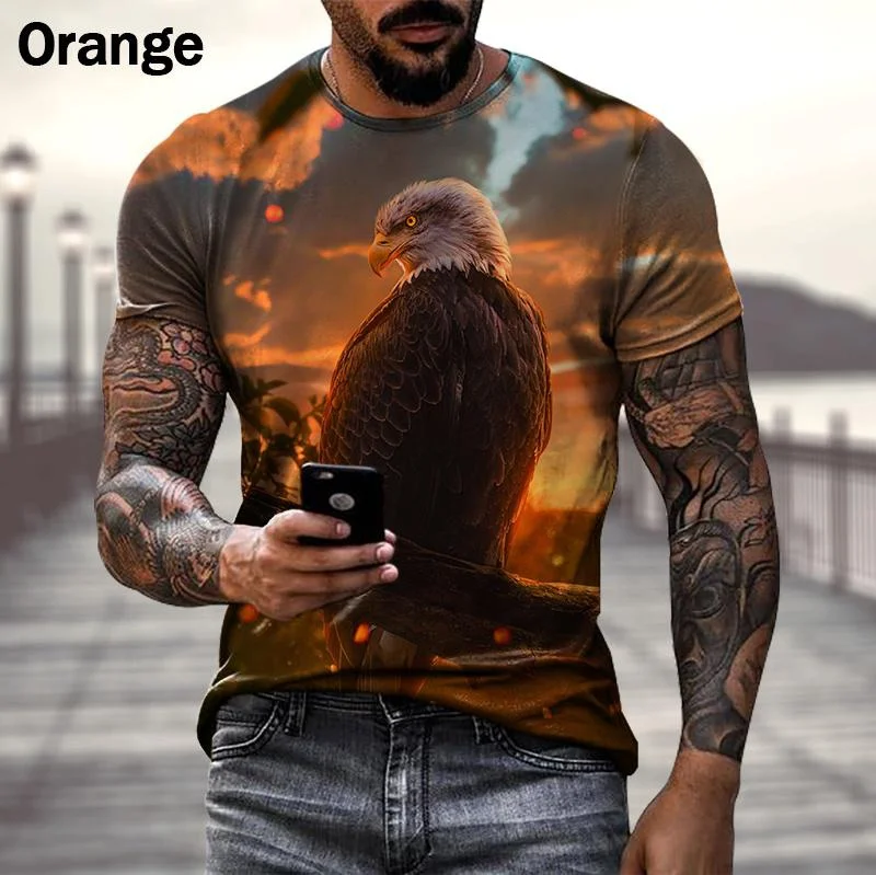 Retro Animal Eagle 3D Printing T-shirt Street Handsome Flag Round Neck Short Sleeve Tee