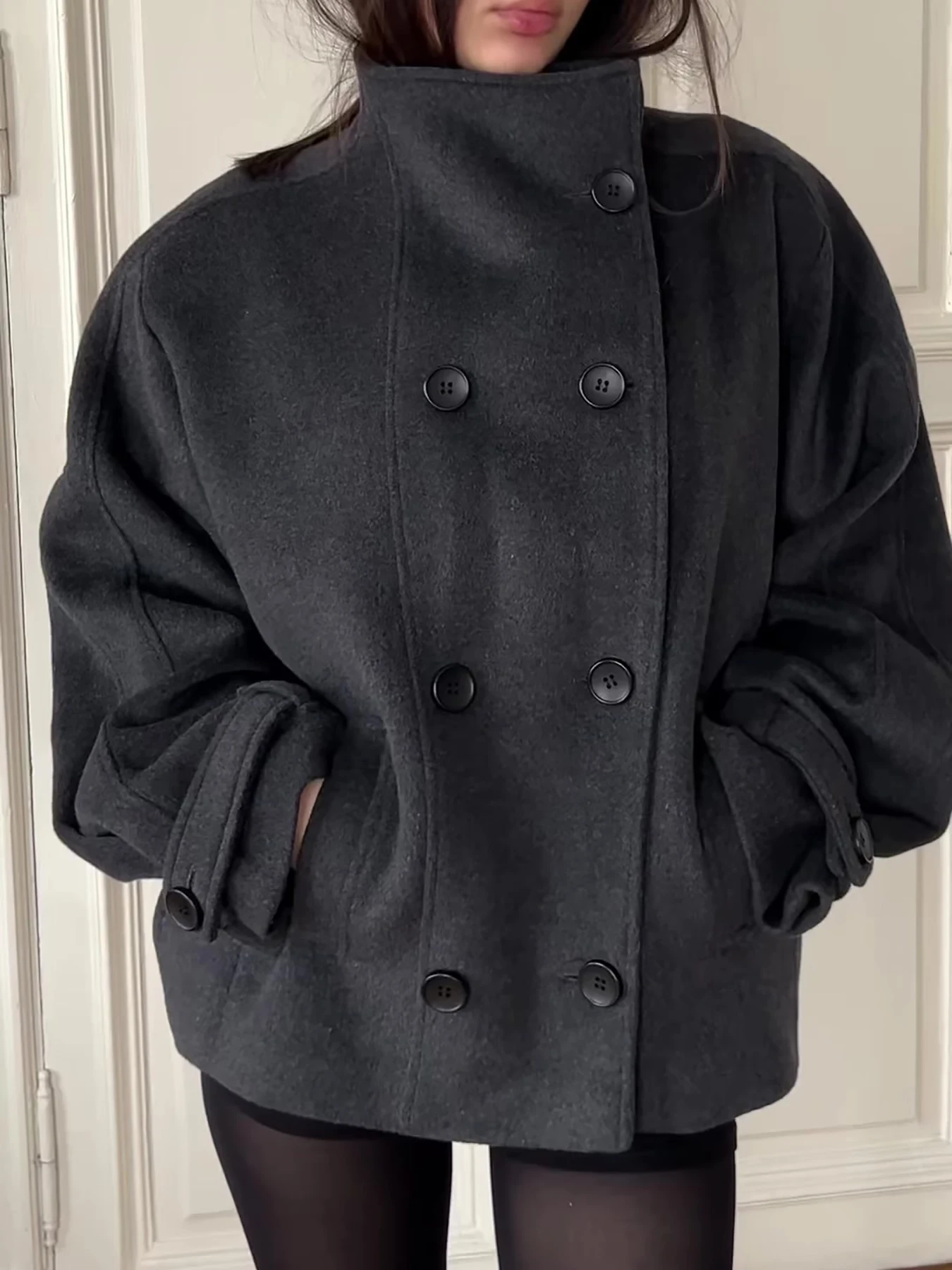 Autumn and winter new stand up collar double breasted retro long sleeved casual loose jacket coat