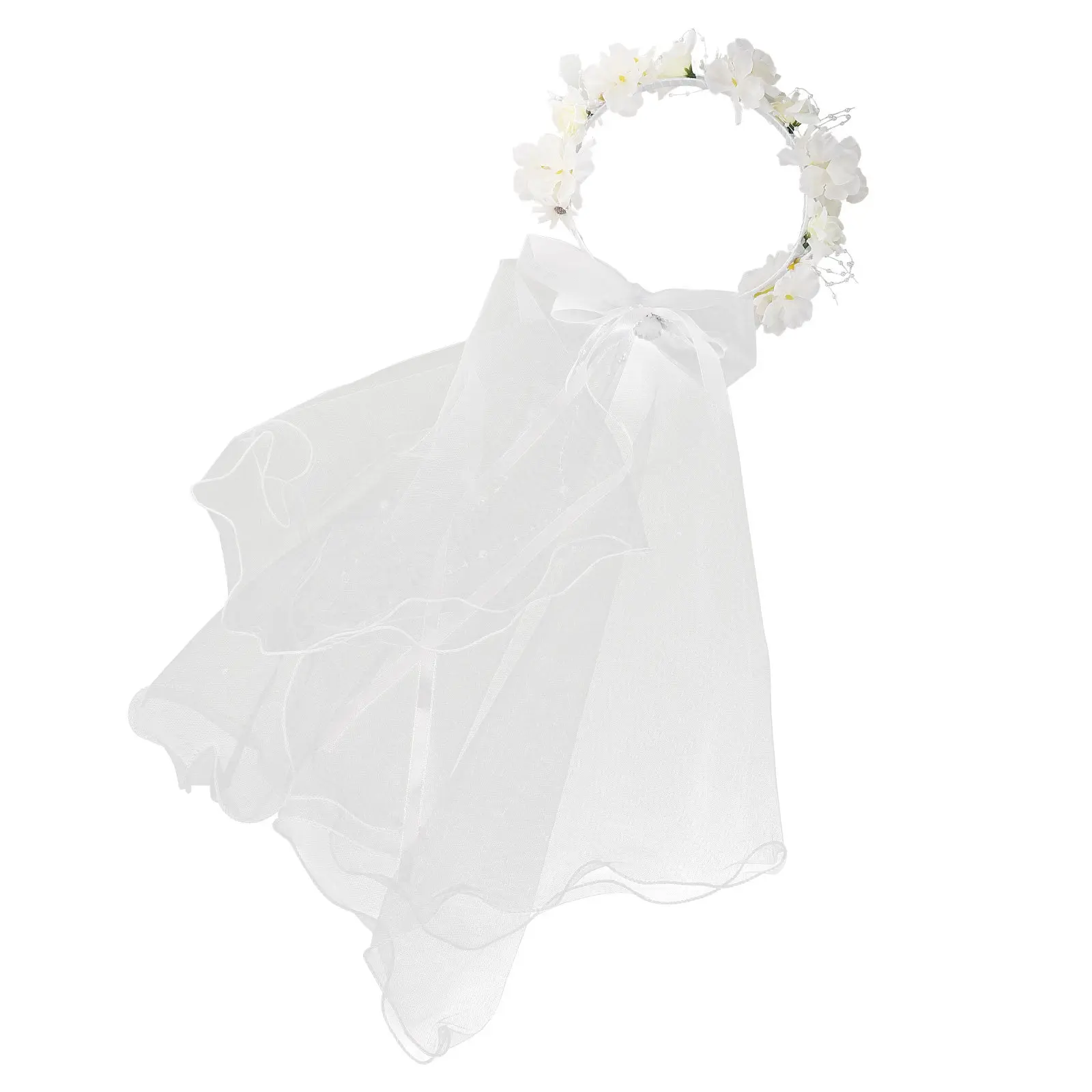 

White Bridal Wedding Headband with Princess Crown Bow Flower Veil Tulle Edge Elegant Breathable Mesh for Bride Wedding Party