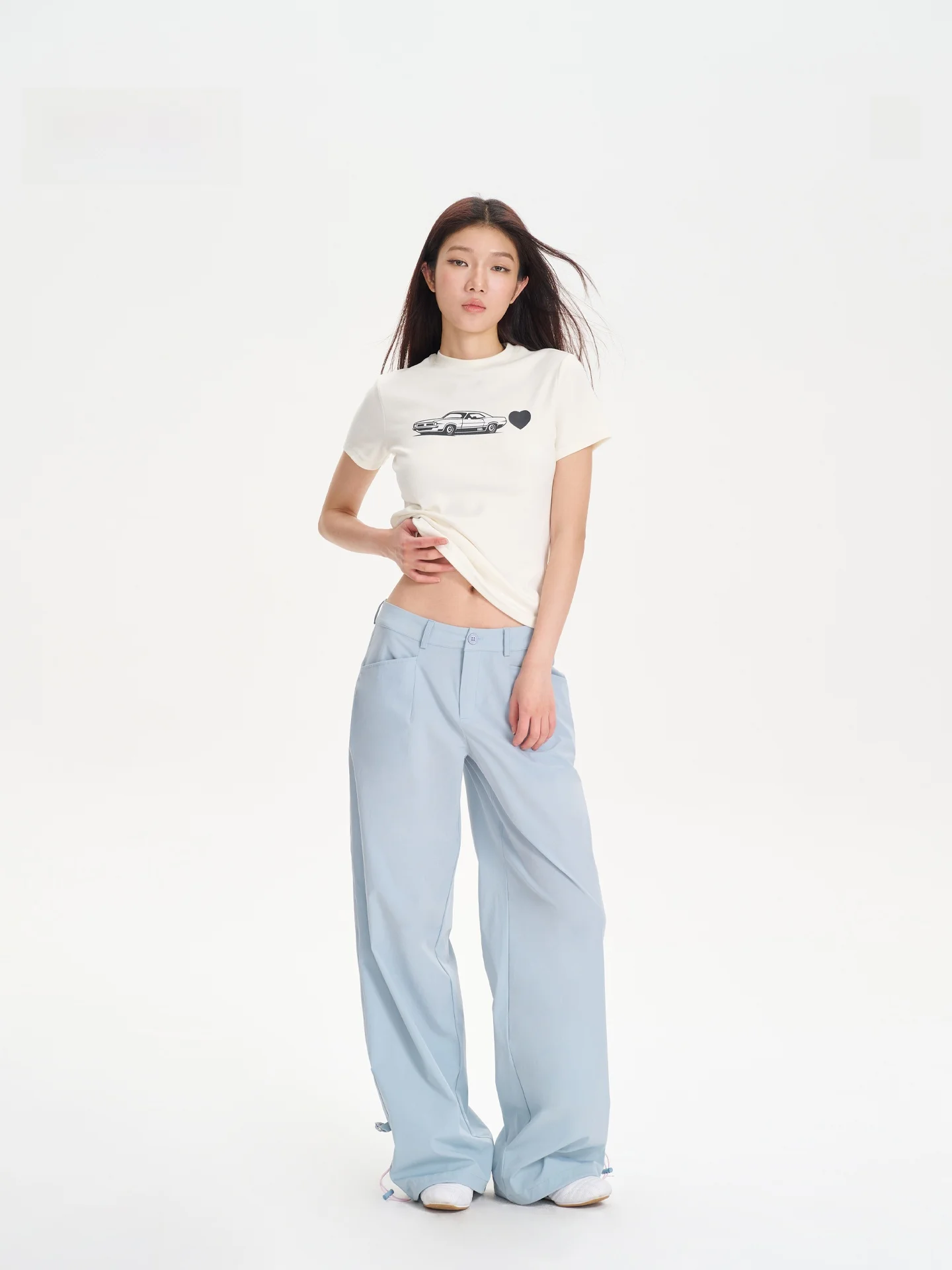 

Женские повседневные брюки Yuuue весна-лето, свободные, широкие, с высокой талией, контрастного цвета, быстросохнущие, с завязками, цвет: туманно-голубой