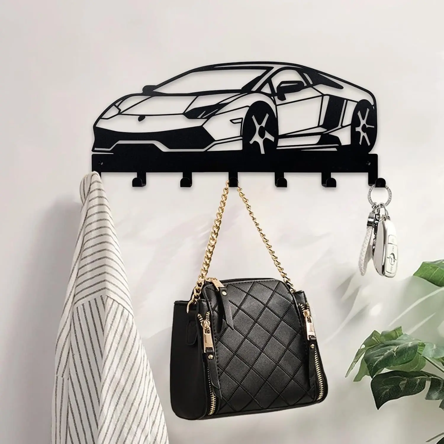 Sports Car Metal Wall Hook Rack 7 Hooks Key Holder Coat Hanger Black Decorative Storage Organizer