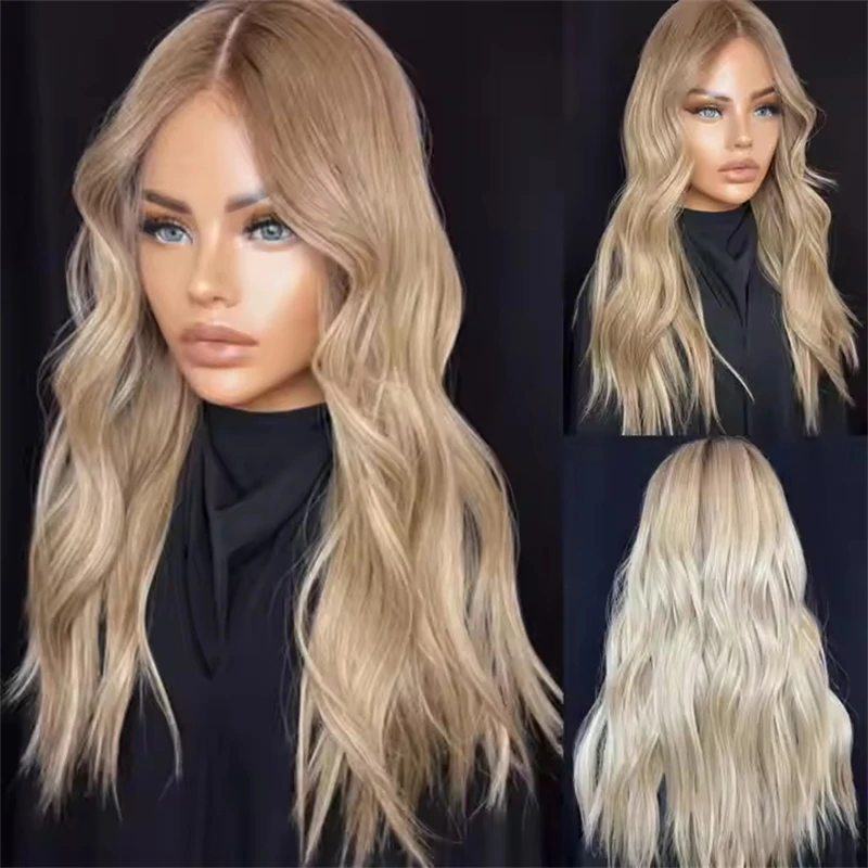 

Free Part Wig Ready To Ship Wigs 13x4 Ombre Honey Blonde Wig with Brown Streaks Soft Long Curly Lace Front Wig Synthetic HD Wig