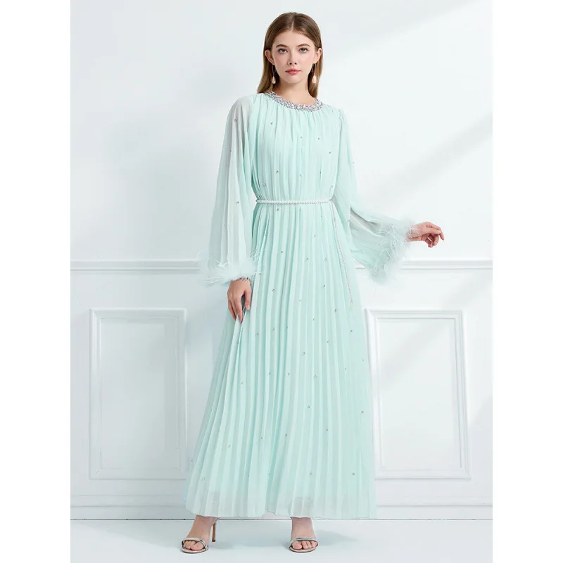 Herfst 2025, handgemaakte diamanten verfraaide struisvogelveren lange Sve geplooide hoge taille Street Sle dames Dr Thi stof