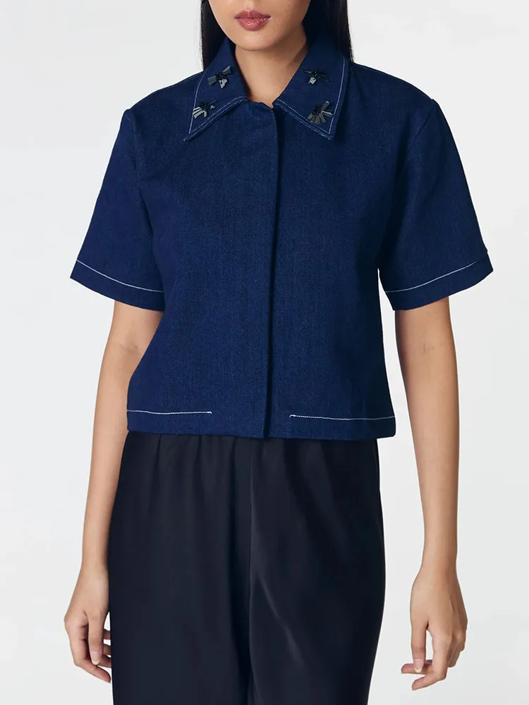 

BJTZ 2026 Spring Summer Women Fashion Lapel Metal Detail Short Sleeve Denim Shirt Elegant Casual Tops