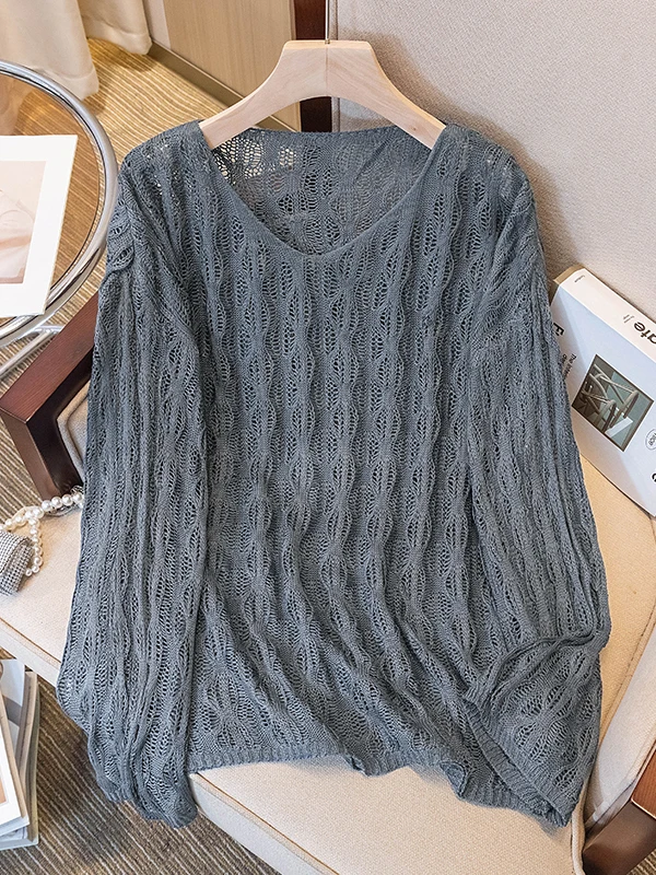 Women's Summer Loose Fit V-Neck Sun Protection Mesh Shirt Transparent Hollow out Design Korean Style Knitted Long Sleeve Top