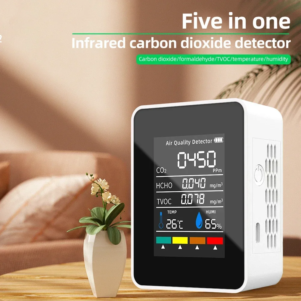 5 in 1 Digital Air Quality Monitor CO2 HCHO TVOC Humidity and Temperature Monitor CO2 Tester LCD Rechargeable Portable nebulizer