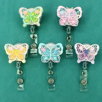 5 색 Quicksand 아크릴 나비 배지 릴 360 회전 악어 클립 이름 홀더와 개폐식 ID 배지 홀더