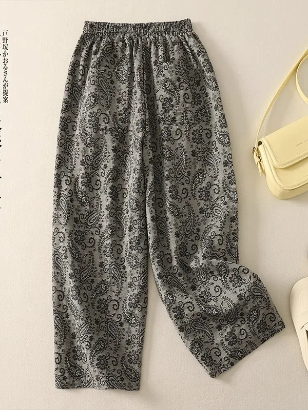 Pantaloni a gamba larga in cotone e lino con stampa di anacardi, fascione femminile, moda, pantaloni larghi e comodi, con sensazione di caduta, abbigliamento da donna