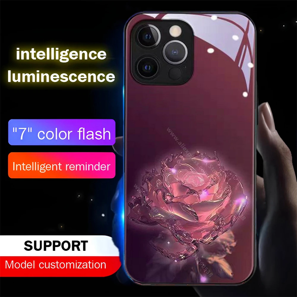 

Luminous Crystal Rose Design LED Light Up Glass Phone Case Back Cover For iPhone 16 E 15 14 13 12 11 Pro Max X XS XR SE2020