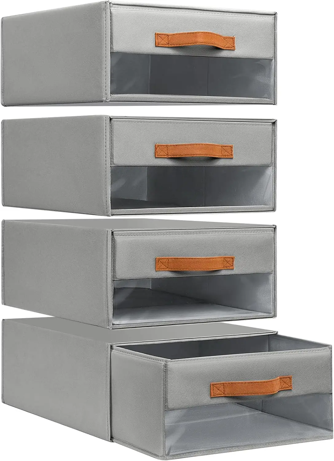 

Foldable Fabric Bins with Clear Windows, Stackable Drawers for Closet, Bedroom, Living Room Storage - 4-Pack Grey