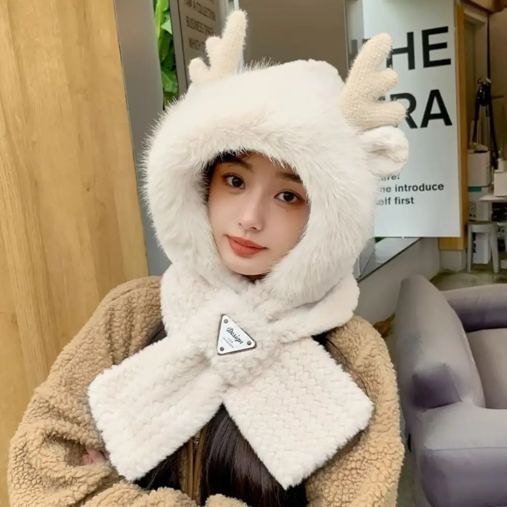 Cute Soft Fur Women Hooded Scarf Elk Antler Cross One Piece Hat Scarf Winter Warm Ear Protection Hat Outdoor