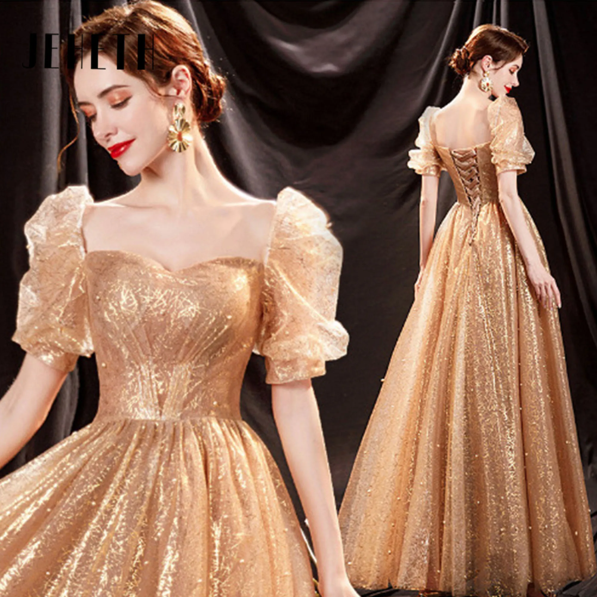 

Gold Puff sleeves Evening Dress Women's Shiny Elegant Floor Length Sweetheart Cocktail Party Dress A-Line Vestidos De Fiesta