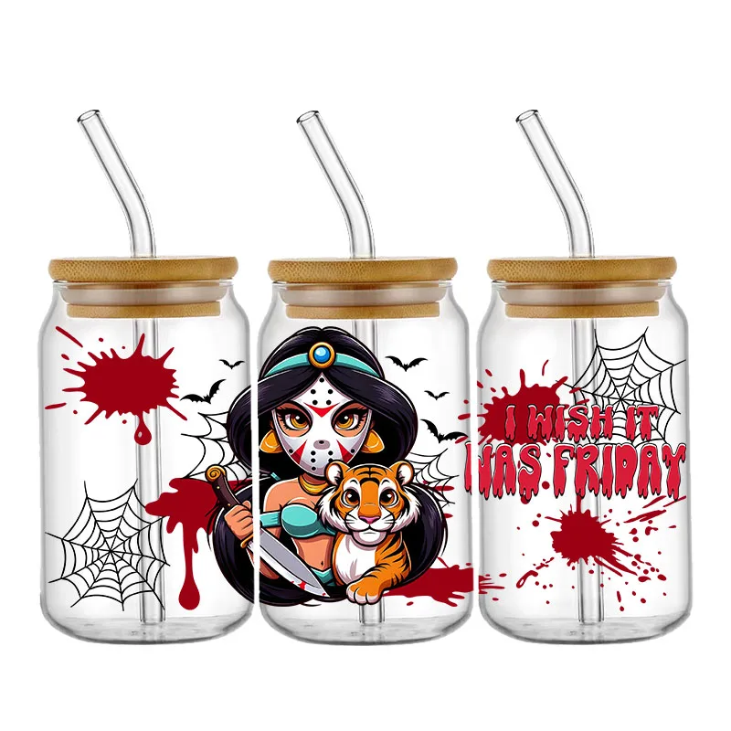 Halloween Horror princesa 16OZ UV DTF taza envolturas pegatina de transferencia para vidrio Libbey lata botella autoadhesiva lavable DIY personalizado