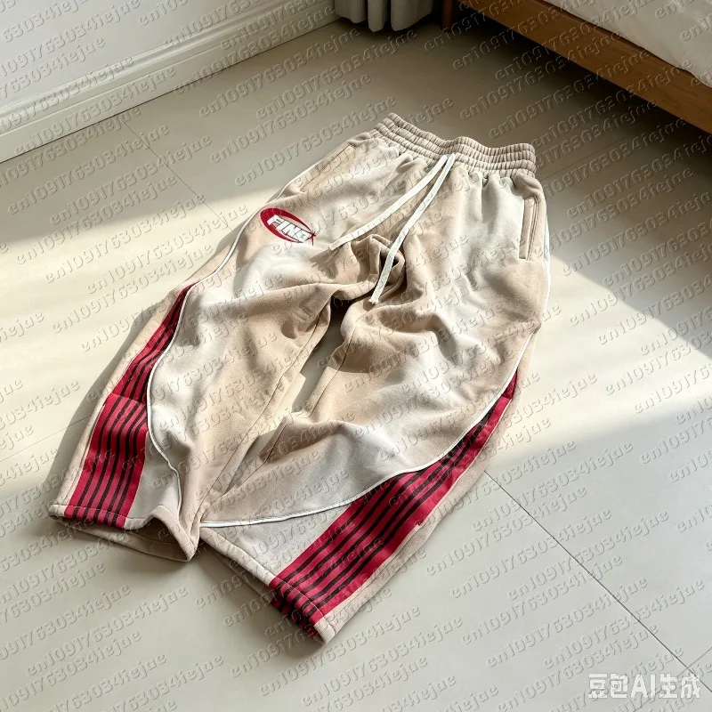 Summer Hot Sale Vintage Kid Spliced Straight Pants Unisex Elastic Sporty Letter Print Hip Hop Loose Streetwear Long Trousers