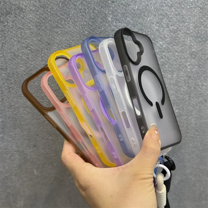 Matte for Magsafe Wrist Strap Case for iPhone 16 15 14 17 Pro Max Air 16 Plus 12 11 13 Lanyard Candy Translucent Magnetic Cover