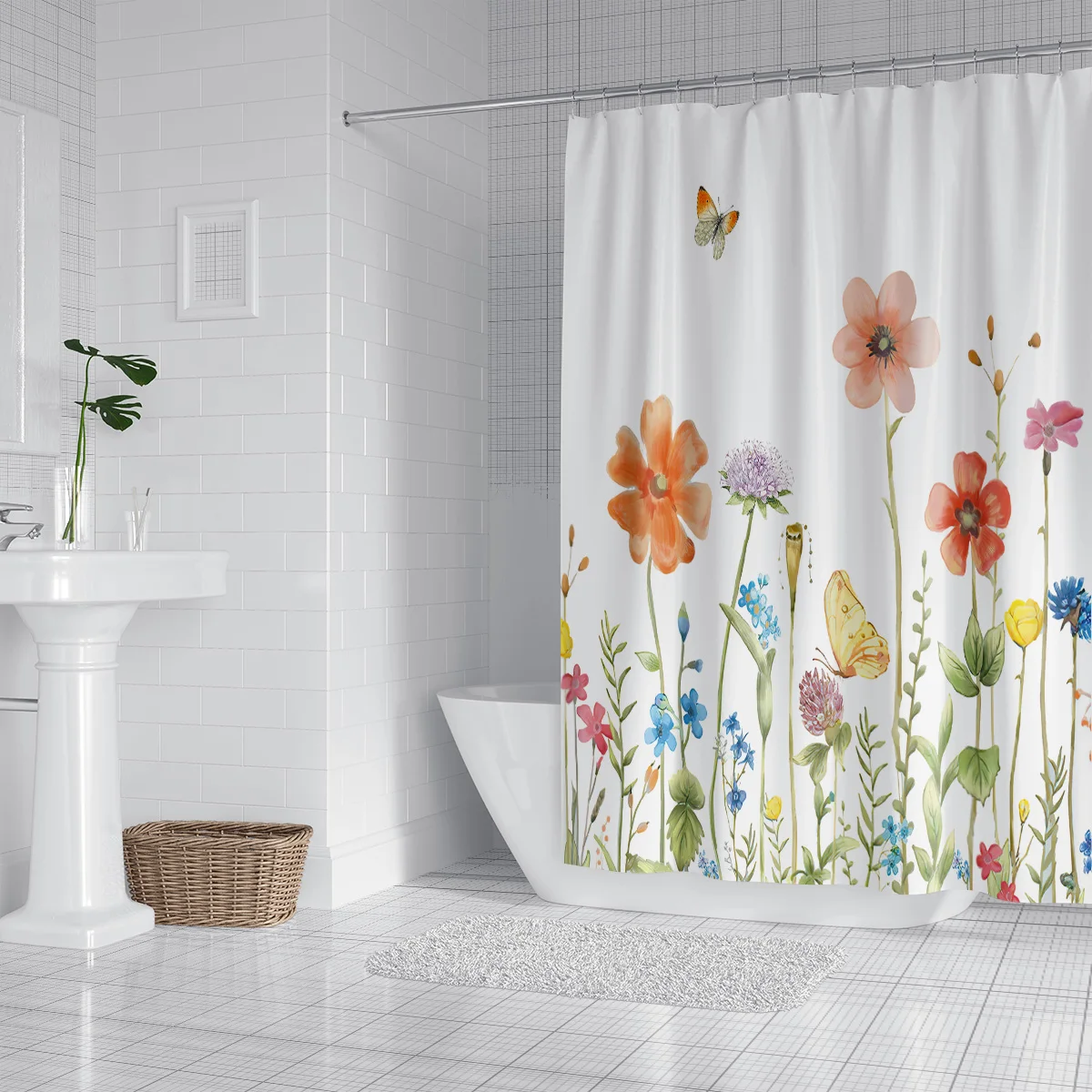 1PC Freshness Flower Series Shower Curtain,3D Embossed Washable Waterproof Shower Curtain,12 hooks,Family Bathroom Decoration