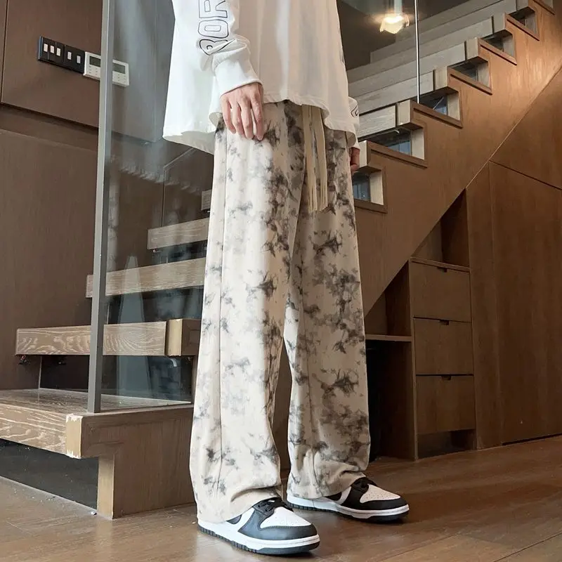 Corduroy Tie-dye Irregular Pants for Men American Loose Casual Sports Wide-leg Trousers