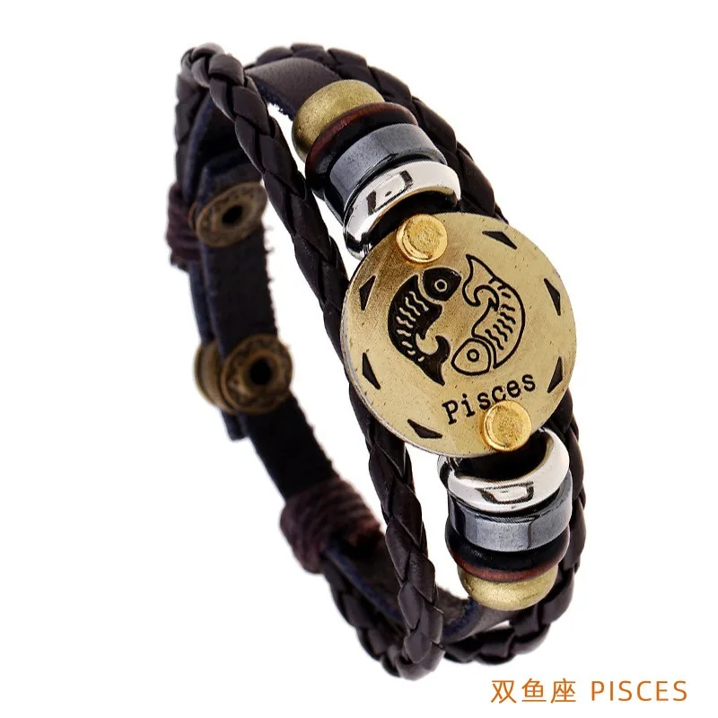 Classic fashion retro jewelry Double Zodiac telescopic bracelet for boys and women Gifts PU cowhide bracelet jewelry