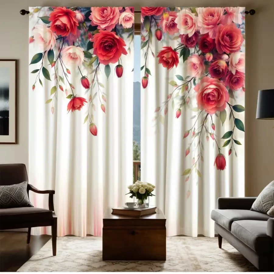 2 Stück Vorhänge mit blühenden Rosen, Fenstervorhänge im leidenschaftlichen romantischen Stil für Wohnzimmer, Schlafzimmer, Heimdekoration, Polyester, Stangentasche