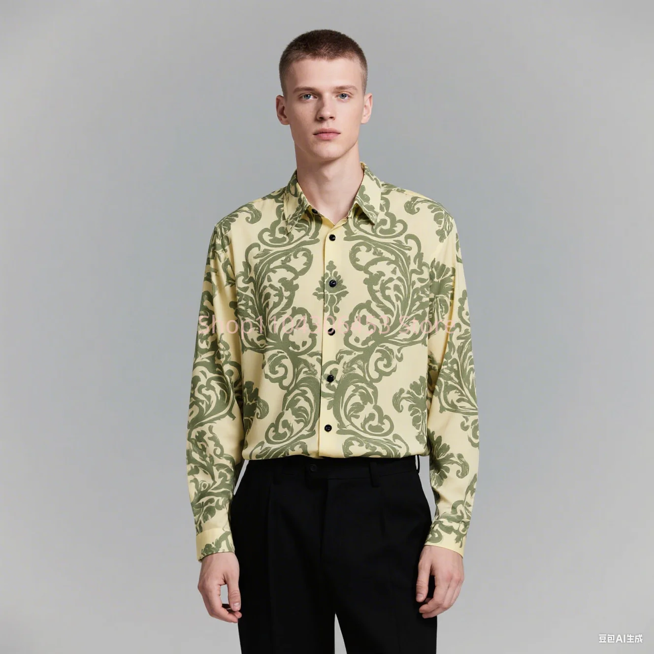 

Autumn New Men's European Palace Baroque Pattern Printing Long Sleeve Lapel Shirt Business Casual Office Outdoor Party Clothing